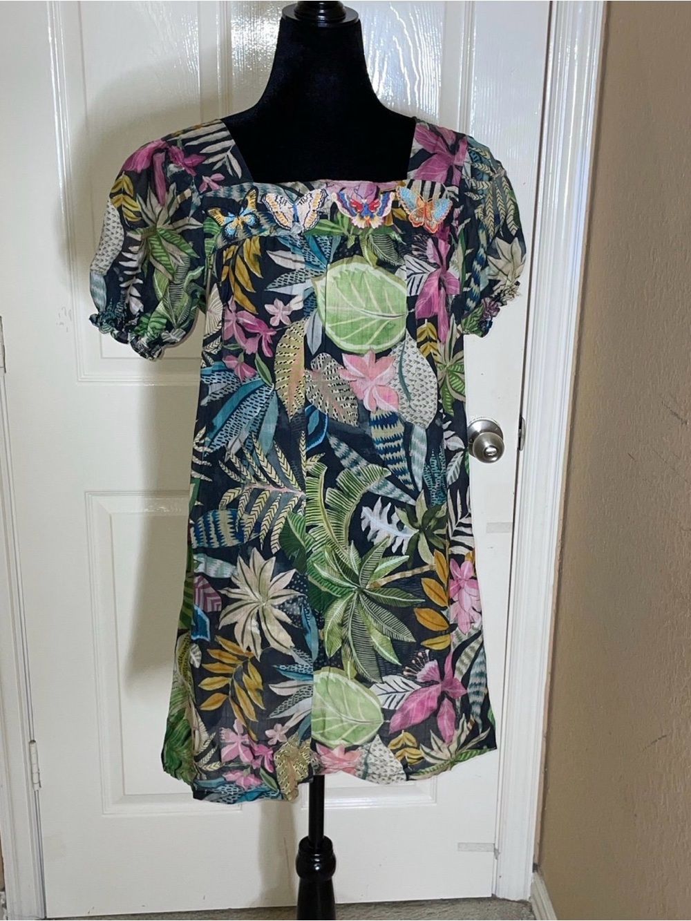 Johnny Was Workshop Tropical Puff Sleeve Tunic Dress in Green Multicolor XS